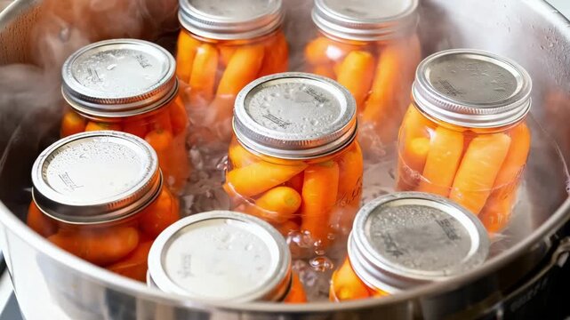 Closeup medium shot of vibrant carrots packed in jars inside a highpressure canning vessel ensuring safe storage through steam pressure processing.
