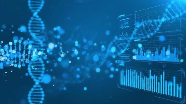 DNA double helix structure with data visualization and graphs.