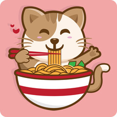 Happy Cat Enjoying a Bowl of Noodles