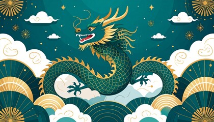 Vibrant green dragon in clouds with gold accents celebrating Chinese New Year