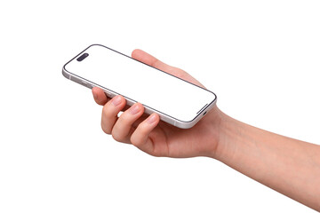 Side view of hand holding smartphone mockup with blank transparent screen isolated on transparent background. Mobile phone with empty display for copy space.