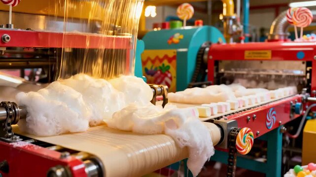 Closeup medium shot of mini marshmallow whipping and extrusion showcasing delicate fluffy sugar foam forming and being cut precisely on moving belts in a vibrant confectionery