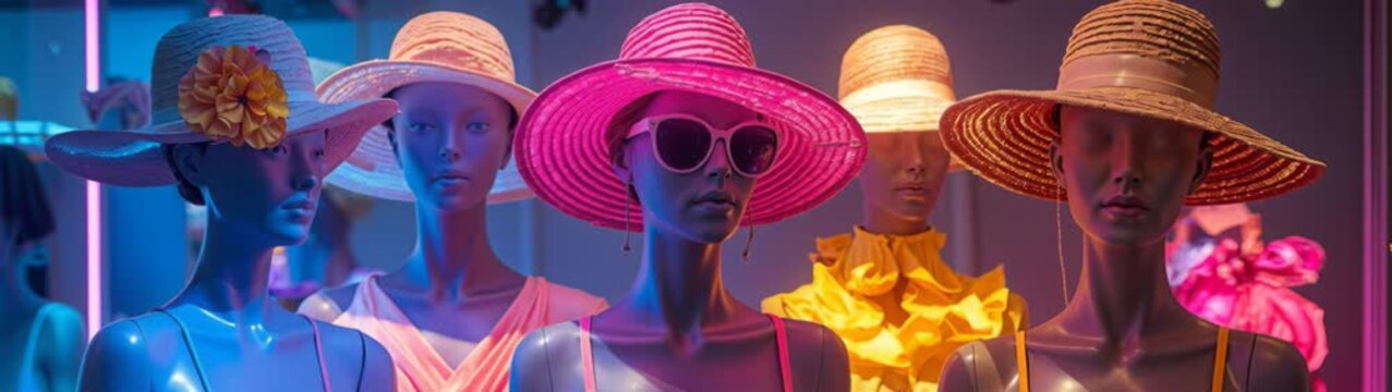 Row of stylish female mannequins wearing summer straw hats in vibrant neon lighting.