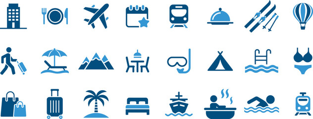 Travel and leisure icons set for various activities and destinations