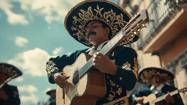 A man wearing a sombrero and poncho is playing the guitar with passion.