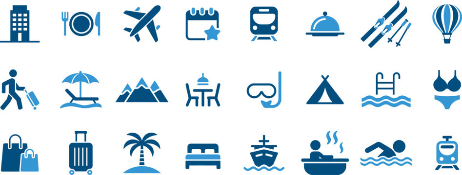 Travel and leisure icons set for various activities and destinations