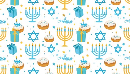 Pattern of menorahs, stars, gifts, and doughnuts on a white background for Hanukkah celebration and holiday themes