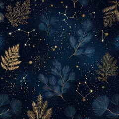 Celestial Night Sky with Golden Leaves and Constellations Pattern