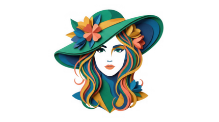 Woman with Green Hat and Colorful Paper Flowers Vector Illustration