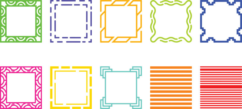 Frames Colorful Vector Square Border Set - geometric, decorative, minimalist, outline, graphic