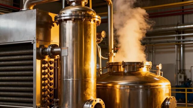 Closeup medium shot of heat recovery units integrated with a vacuum deodorization tower highlighting energyefficient odor stripping from vegetable oil.