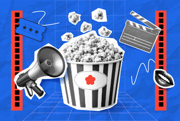 Fototapeta na wymiar Vector template for movie viewing, notifications and ticket purchase. Cinema composition with clapperboard, popcorn and megaphone in halftone style.