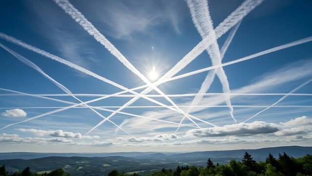 Airplane contrails crisscross blue sky with sun clouds
