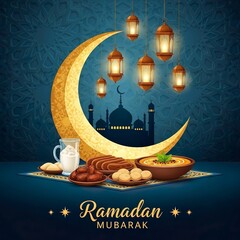 Ramadan Mubarak illustration with a golden crescent moon, mosque, glowing lanterns, and Iftar food, representing blessings and the spirit of the holy month celebration