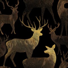 Elegant Line Art of Forest Animals in Golden Hues on Black Background