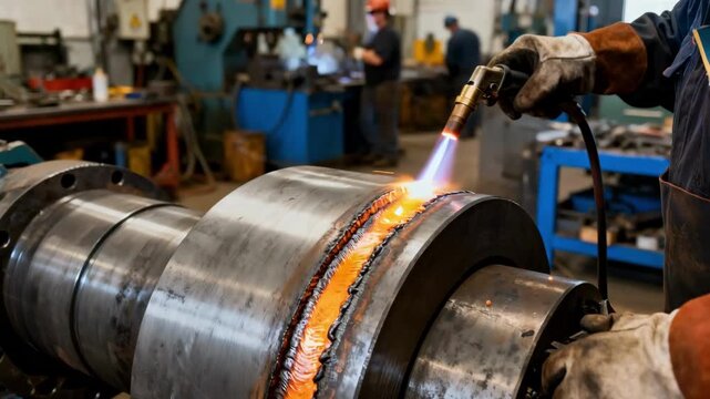 Close medium shot showing detailed mill roller hardfacing process with manual welding highlighting skilled craftsmanship in a busy repair shop environment.