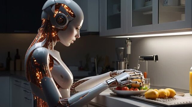 A robot with intricate design stands in a modern kitchen at night. It focuses on preparing food, surrounded by fresh ingredients and kitchen appliances, showcasing its capabilities