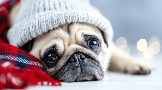 A cozy pug wearing a knitted hat, resting on a blanket, perfect for evoking feelings of warmth and comfort in winter.