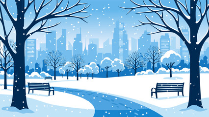 Winter park cityscape vector illustration with snow falling and bare trees, benches along a path in a city park © PDWN Creative