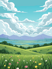Fototapeta premium Beautiful Scenic Landscape Vector Illustration with Rolling Hills, Wildflowers, and Dramatic Clouds