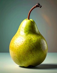 Pear stands tall, showcasing its subtle spots and a gracefully curved stem against a soft, muted background