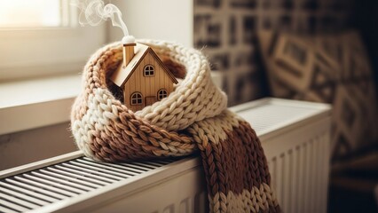 Fototapeta premium Warmth in the house. A cozy mini-house, wrapped in a warm knitted scarf