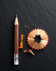 Pencil, sharpener, and shavings create an artful composition on a textured dark surface