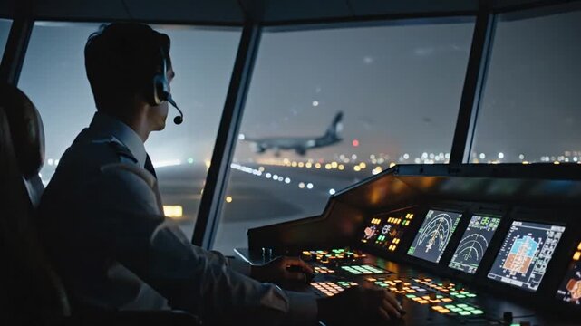 Pilot at the console in a flight deck at night, monitoring modern instrument panels and city lights