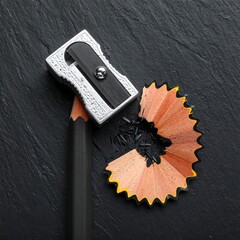 Pencil sharpener rests atop pencil amidst curled wood shavings on a dark, textured stone-like surface
