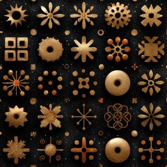 Golden Geometric Shapes and Patterns on Black Background Design