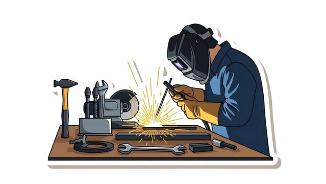 A person welding metal on a workbench surrounded by tools and equipment in a workshop viewed from the side - Powered by Adobe