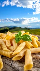 Penne pasta with basil sits on rustic wood, blurred hills and blue sky with clouds in the background