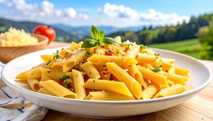 Penne pasta on white plate against sunny mountain backdrop, cheese and tomato nearby on a wooden table