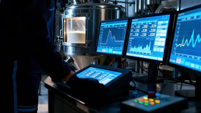 Operator interacting with touchscreens in a darkened environment monitoring precise batching processes to maintain balanced ingredient mixtures in meal preparation.