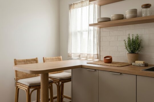 Small modern kitchen with wooden peninsula breakfast bar and stools