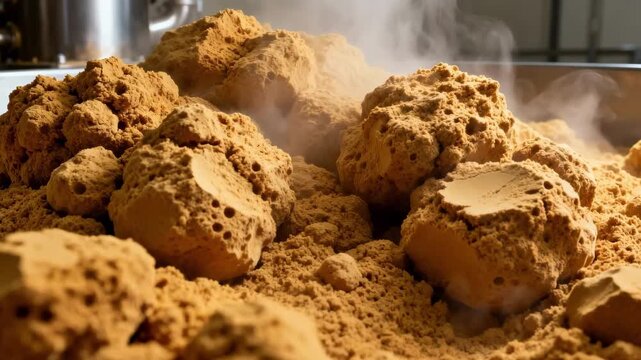 Closeup on steam agglomerator creating dense clusters of instantized milk powder with a rich compact texture ideal for improved solubility in food processing.