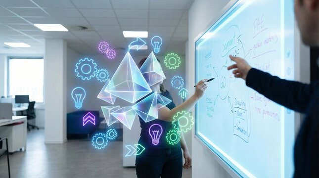 People collaborating using interactive whiteboard with holographic geometric shapes and neon icons