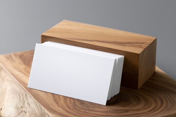 Stacked Business Cards Mockup Leaning On Solid Wood Block