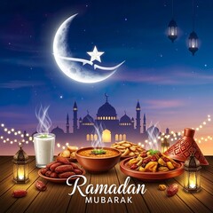 A festive Ramadan Iftar spread with delicious traditional dishes, glowing lanterns, and a serene mosque silhouette under a crescent moonlit sky