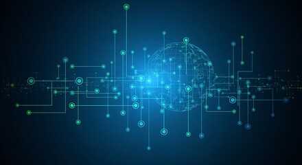 Fototapeta premium Abstract network connections with glowing globe and nodes on dark blue background