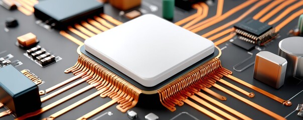 Close-up of an integrated circuit with a white chip on copper-traced circuit board