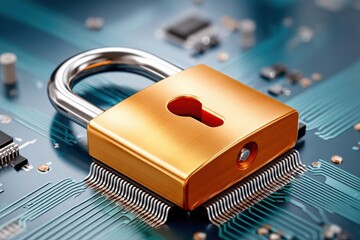 Gold padlock on a digital circuit board representing cybersecurity and encryption for data protection and privacy