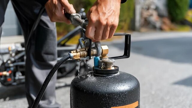 Medium shot focusing on a mechanic inspecting and refilling the reservoir of a pressure washer to ensure optimal pressure performance. - Powered by Adobe