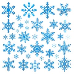 Many blue snowflakes of varying sizes and shapes arranged on a white background, creating a wintery pattern
