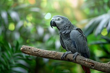 Obraz premium Young African Grey Parrot Sitting on a Tree Perch