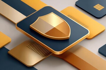 Isometric shield on layered fintech cards symbolizing security and protection in digital finance