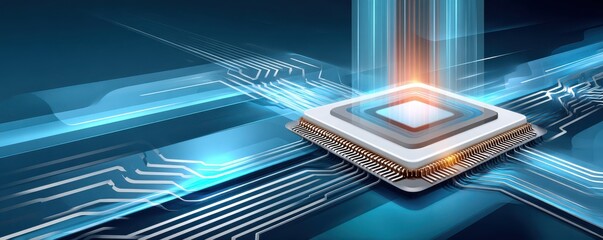 Futuristic blue digital chip and circuit board highlight advanced technology and processing power