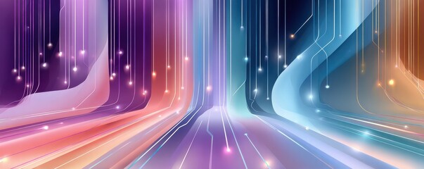 Abstract neon data corridor with blue, purple, and pink light lines for digital technology visuals