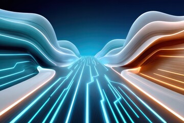 Futuristic neon road with glowing blue and orange lines in an abstract high-tech landscape