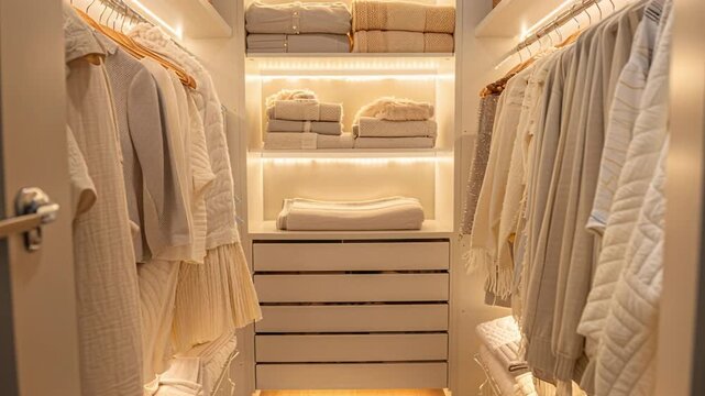 A closet shows clothing and linens organized on shelves. The clothes hang neatly on hangers and folded items are stacked in drawers. The lighting highlights the neatness of the space